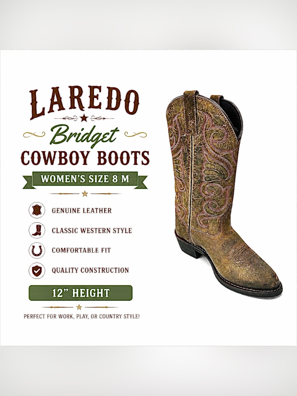 Laredo Bridget 51084 Brown Leather Cowboy Boots Women’s Size 8 M Western 12”